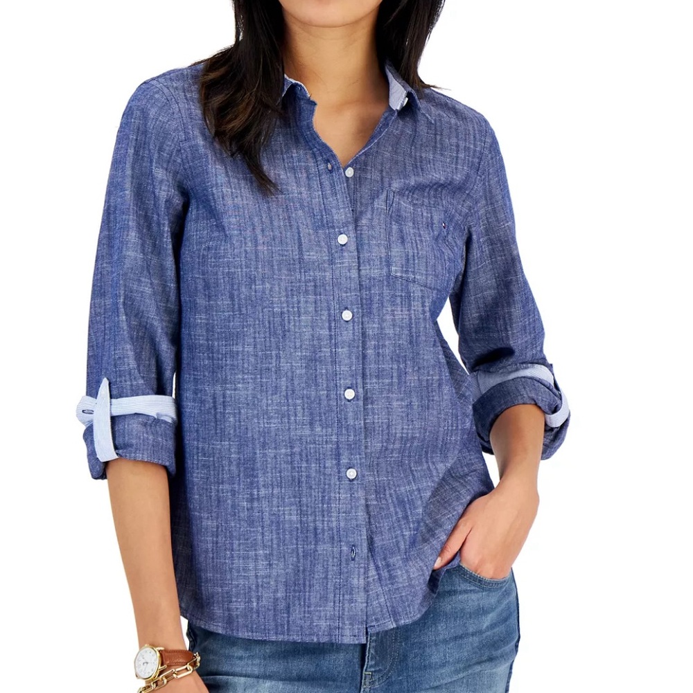 Tommy Hilfiger Women's Cotton Roll-Tab Blue Denim Button Up Shirt